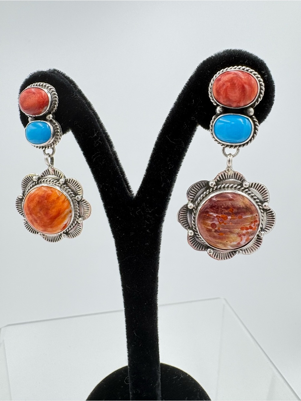 Vintage Etta Endito Navajo 925 Silver Spiny Oyster Shell & Turquoise Earrings - Picture 5 of 10